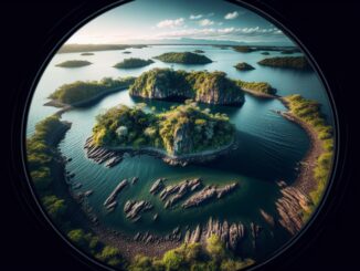 Vista panoramica de El Ojo, isla en un lago argentino