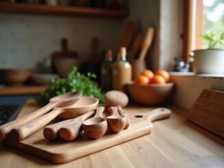 Utensili da cucina in legno puliti e lucidi