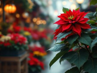 Poinsettia roja decorando una casa en Navidad