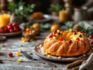 Roscón de Reyes decorado con frutta e crema