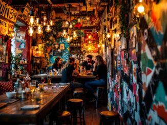 Interno di un ruin bar a Budapest con decorazioni uniche