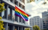 Edificio público con bandera arcoíris ondeando al viento