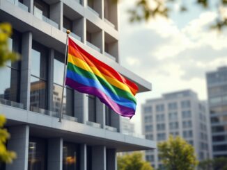 Edificio público con bandera arcoíris ondeando al viento