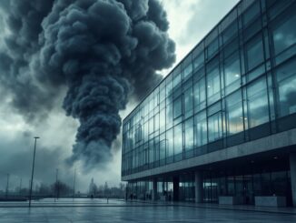 Colonna di fumo nero sopra un edificio in Madrid