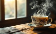 Té hojicha en una taza con hojas de té