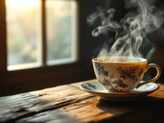 Té hojicha en una taza con hojas de té