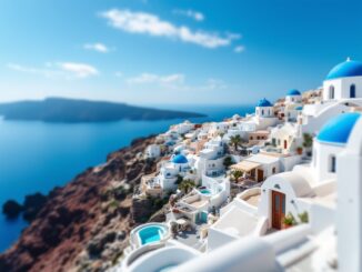 Vista panoramica di Santorini con vulcano attivo