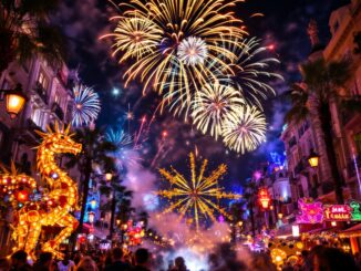 Fallas di Valencia con fuochi d'artificio e statue