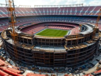 Immagine del Camp Nou con skyline di Barcellona